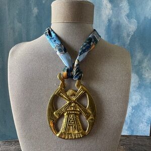 Gold Windmill Pendant Scarf Necklace with Blue Printed Scarf